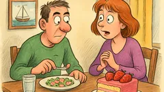 Vic: Žena opazuje moža pri kosilu in vpraša